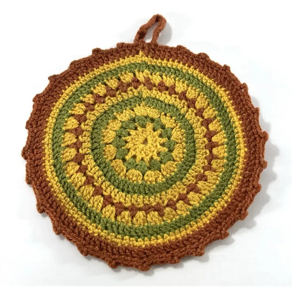 Vintage Hand Crocheted Potholder Set Round Square Yellow Green Brown Cotton 2 Pc